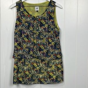 Cabi Womens Positano Chiffon Tank S Blue Yellow Floral Layers Lined Pullover EUC